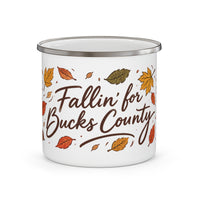 Fallin' for Bucks County Enamel Camping Mug — Autumn Leaves Coffee Cup